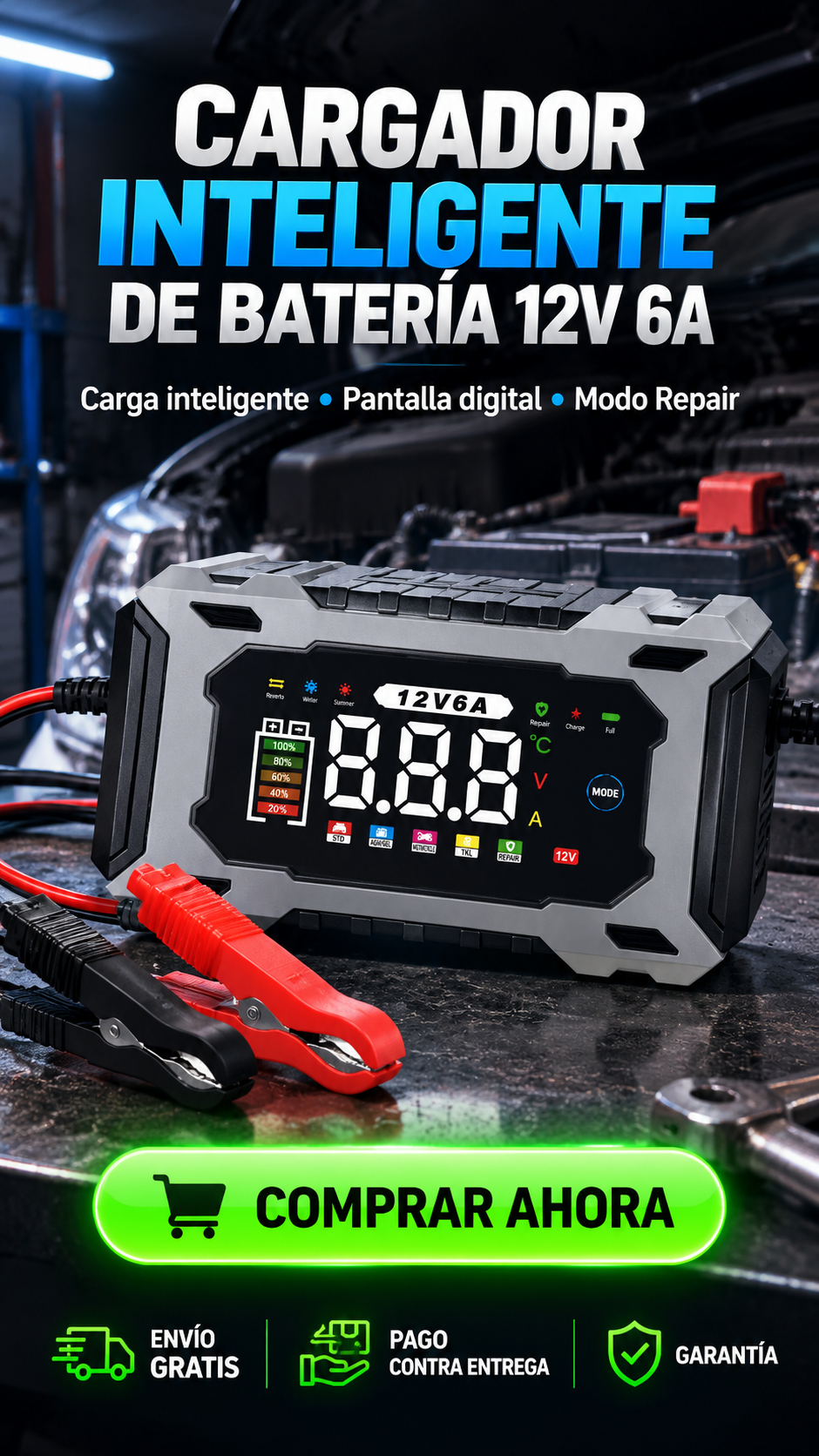 Cargador Inteligente de Batería 12V 6A-Carga, protege y recupera el rendimiento de tu batería.