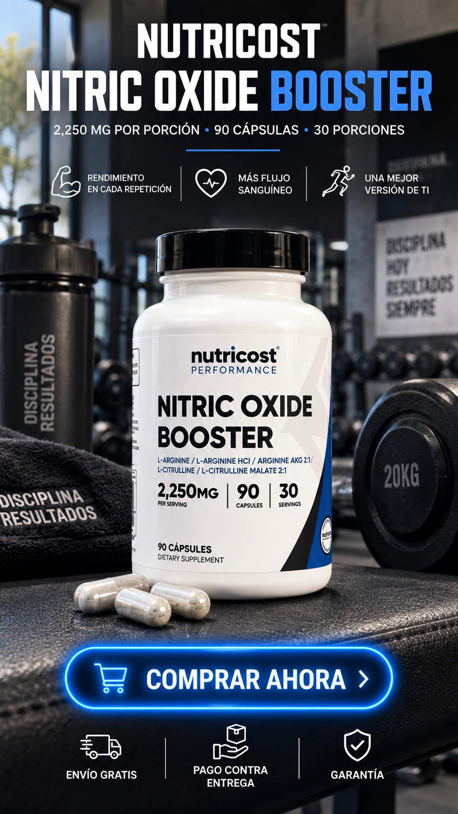 NUTRICOST NITRIC OXIDE BOOSTER-Potencia tu rutina. Supera tu nivel.
