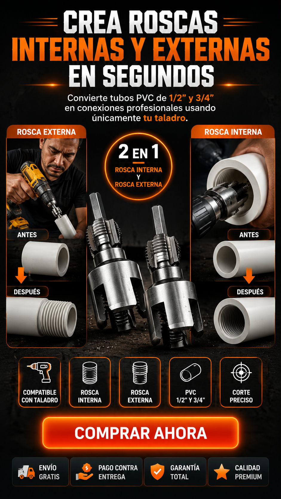Kit Profesional para Rosca PVC 2 en 1: Convierte tubos PVC en conexiones profesionales.