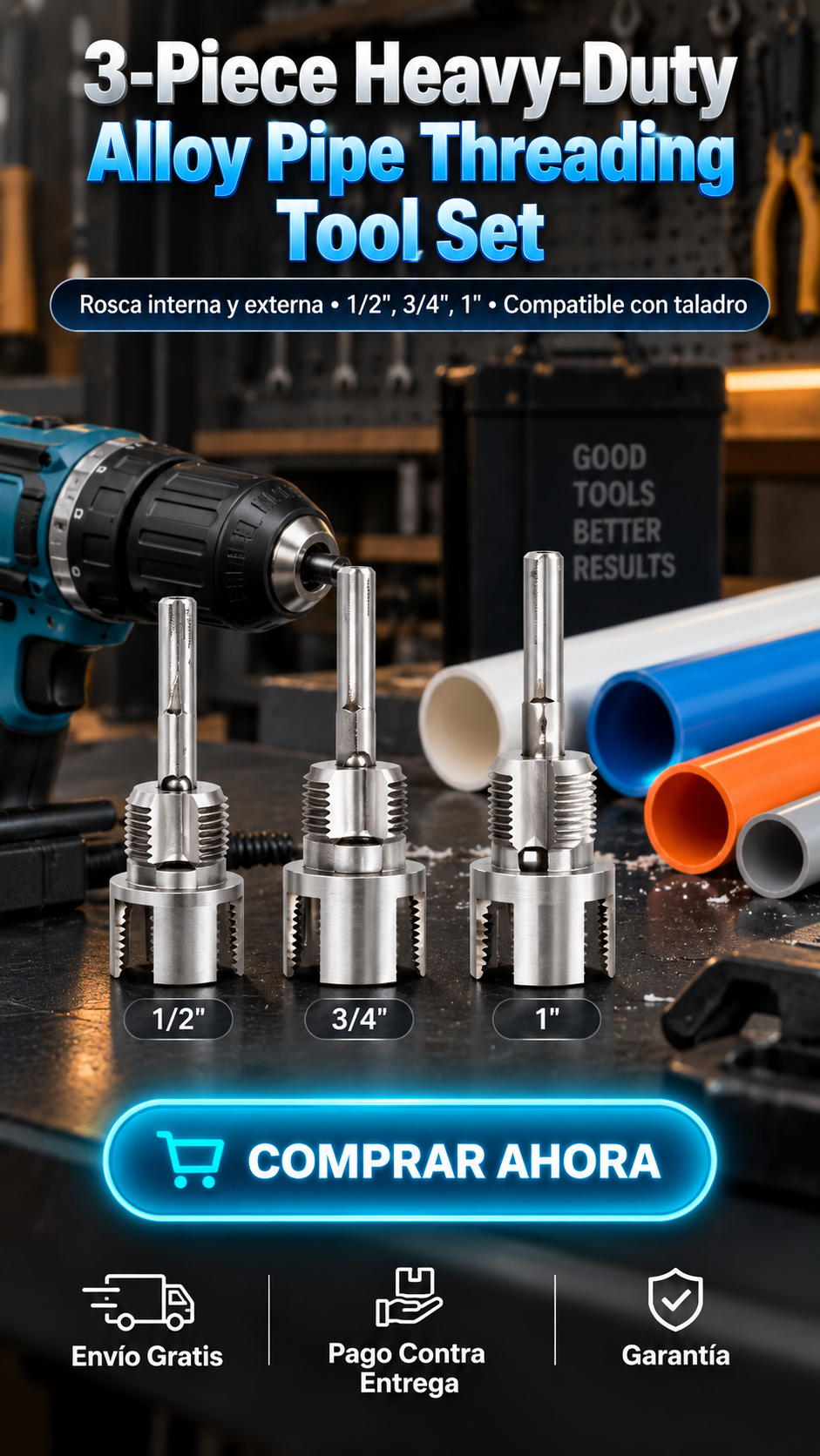 3-Piece Heavy-Duty Alloy Pipe Threading Tool Set-Roscas precisas. Conexiones firmes. Trabajo más rápido.