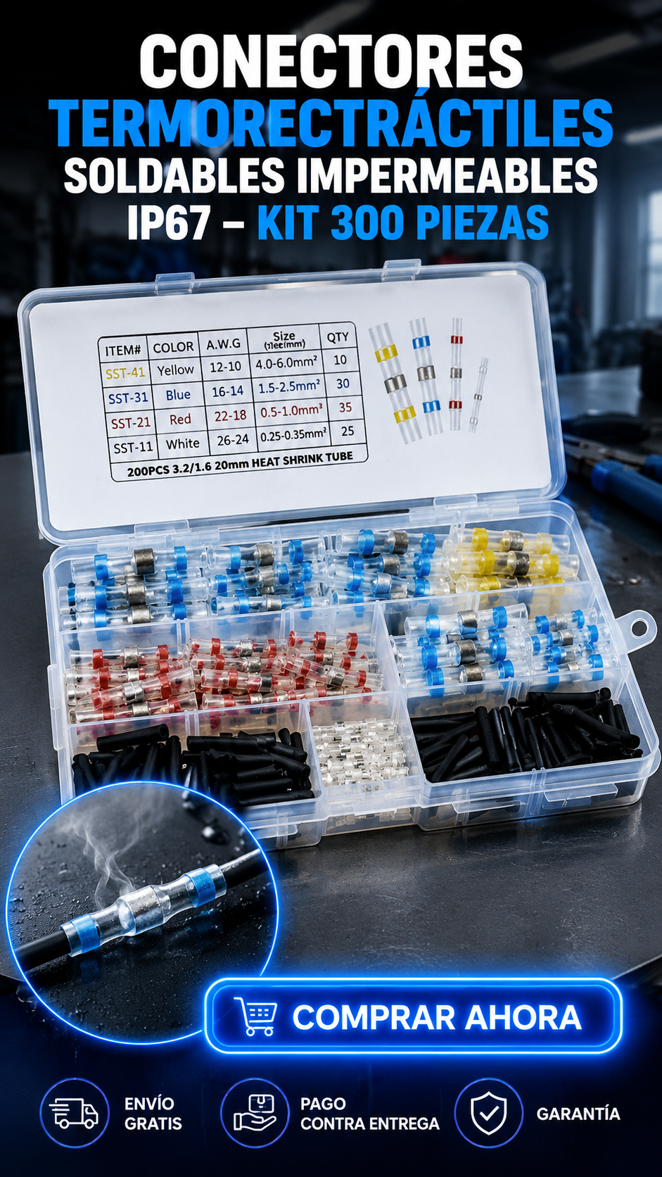 Conectores Termorretráctiles Soldables IP67 – Kit 300 Piezas-Conecta, sella y protege en un solo paso.