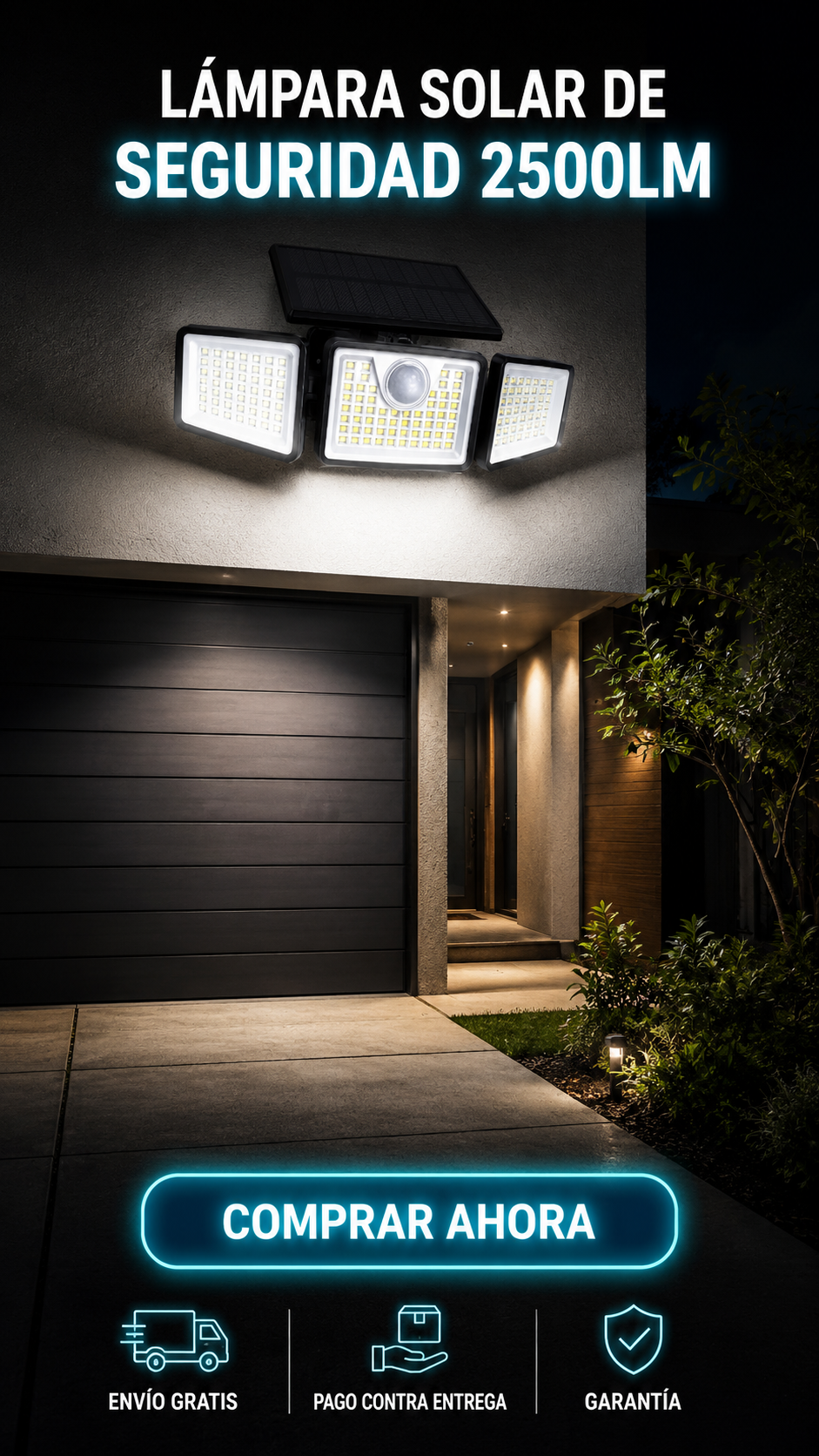 Lámpara Solar de Seguridad 2500LM-Ilumina, detecta y protege sin cables.