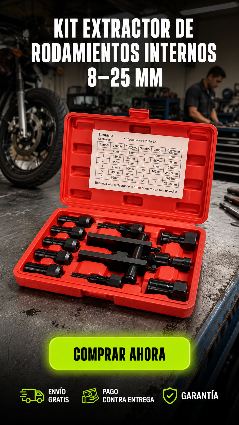 Kit Extractor de Rodamientos Internos 8–25 mm-Agarre preciso. Extracción bajo control.