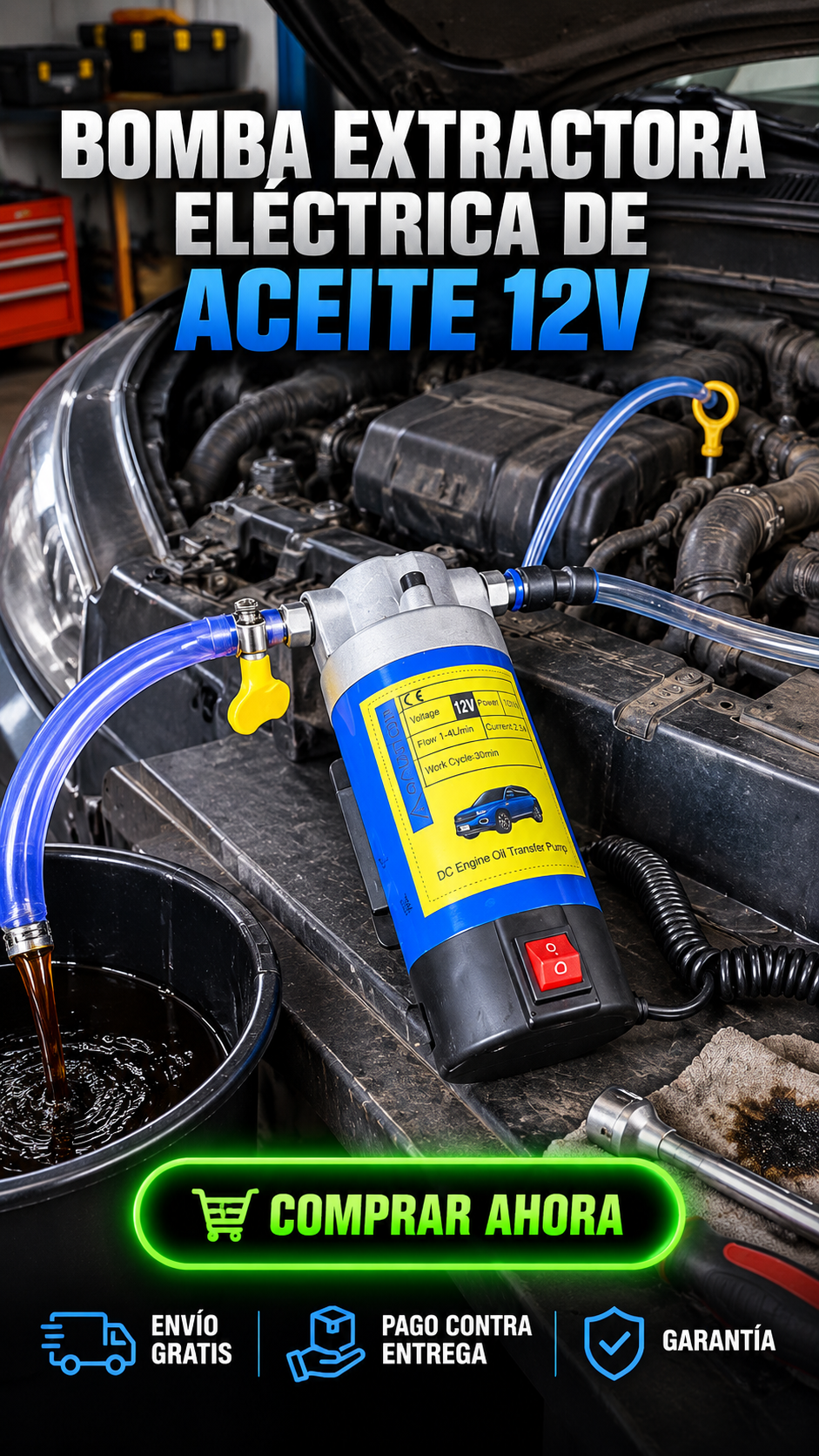 Bomba Extractora Eléctrica de Aceite 12V-Cambia el aceite fácil, limpio y desde arriba.