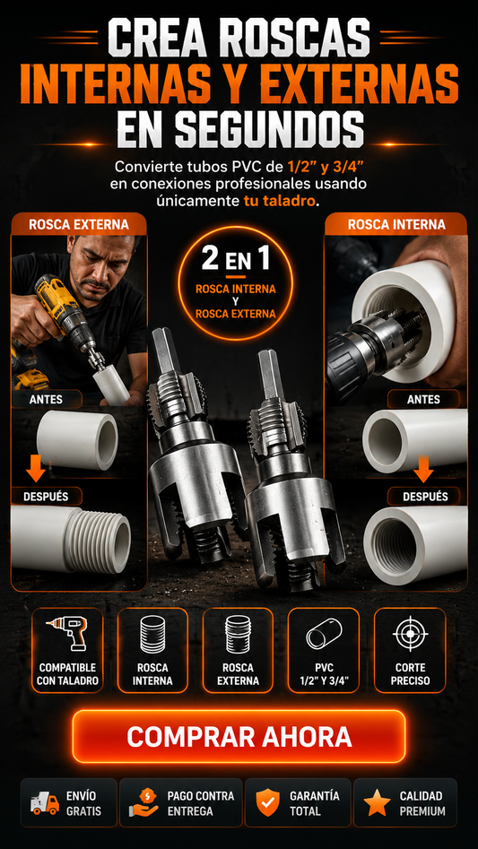 Kit Profesional para Rosca PVC 2 en 1: Convierte tubos PVC en conexiones profesionales.