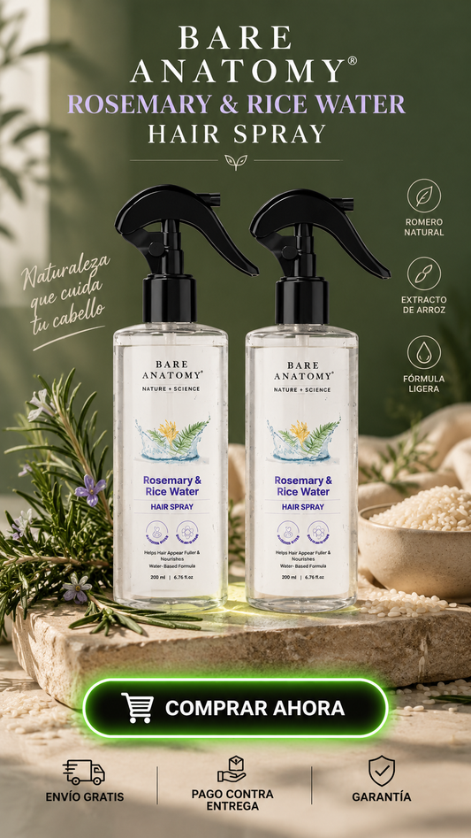 Bare Anatomy Rosemary & Rice Water Hair Spray-Fortalece, nutre y revitaliza tu cabello desde la raíz.