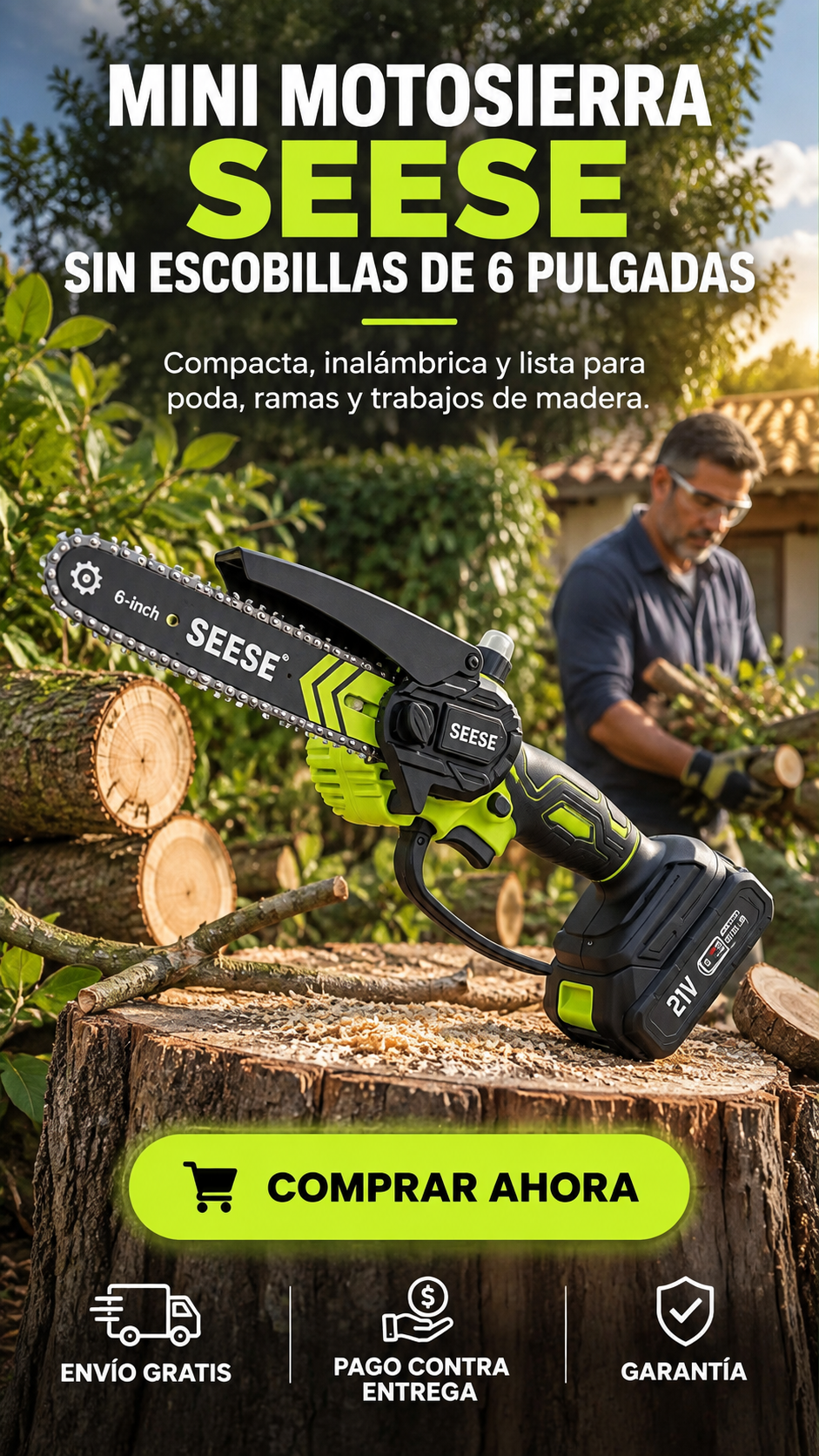 Mini Motosierra SEESE 6” Inalámbrica-Potencia compacta. Cortes sin complicaciones.