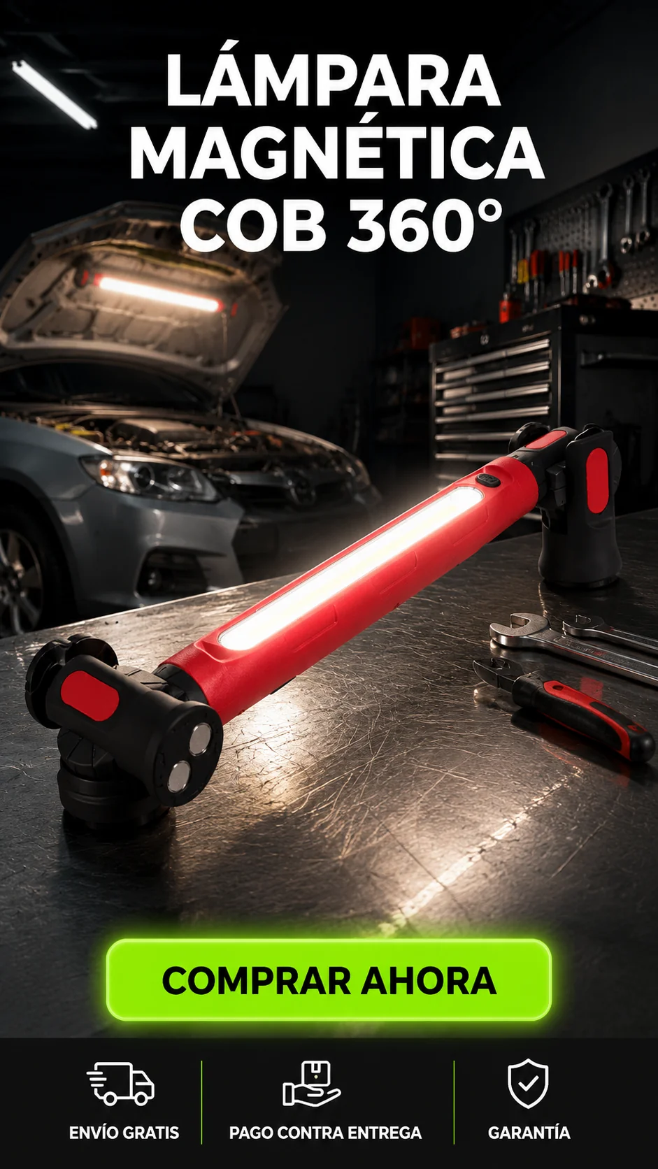 Lámpara Magnética COB 360°-Ilumina cualquier trabajo con las manos completamente libres.